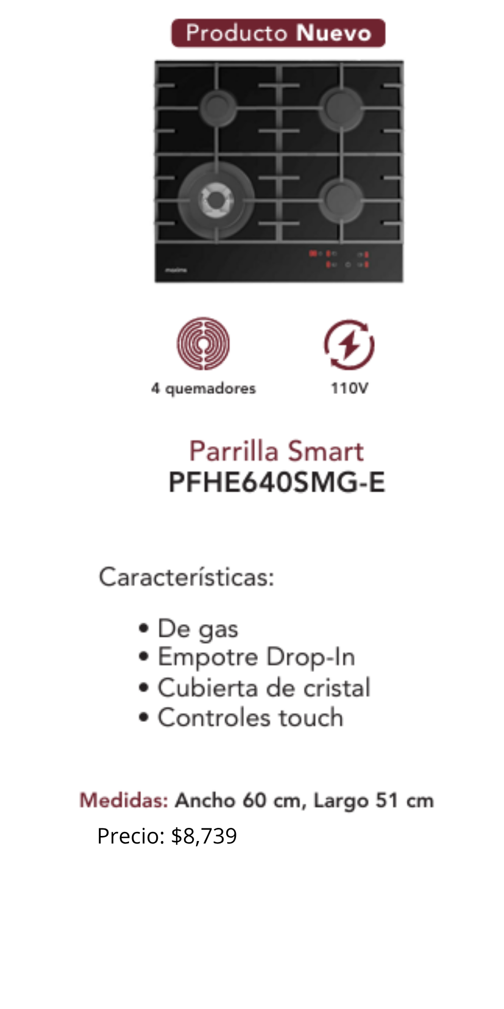Parrilla de Gas Smart PFHE640SMG-E Negra en Cristal - Ancho 60cm, Largo 51cm 2