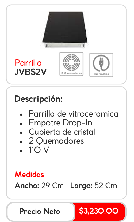 Parrilla de Vitrocerámica JVBS2V, Compacta y Elegante, 29cm x 52 cm, Empotrable y Fácil de Limpiar