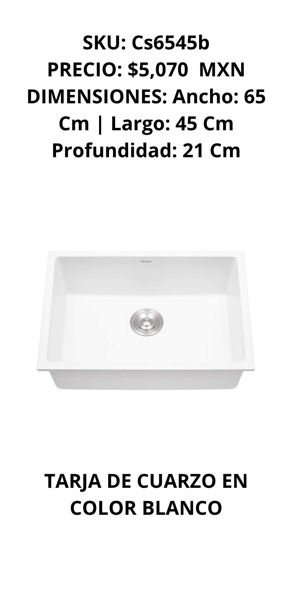 Tarja de Cuarzo Blanco Práctica y Moderna 65cm x 45cm x 21cm