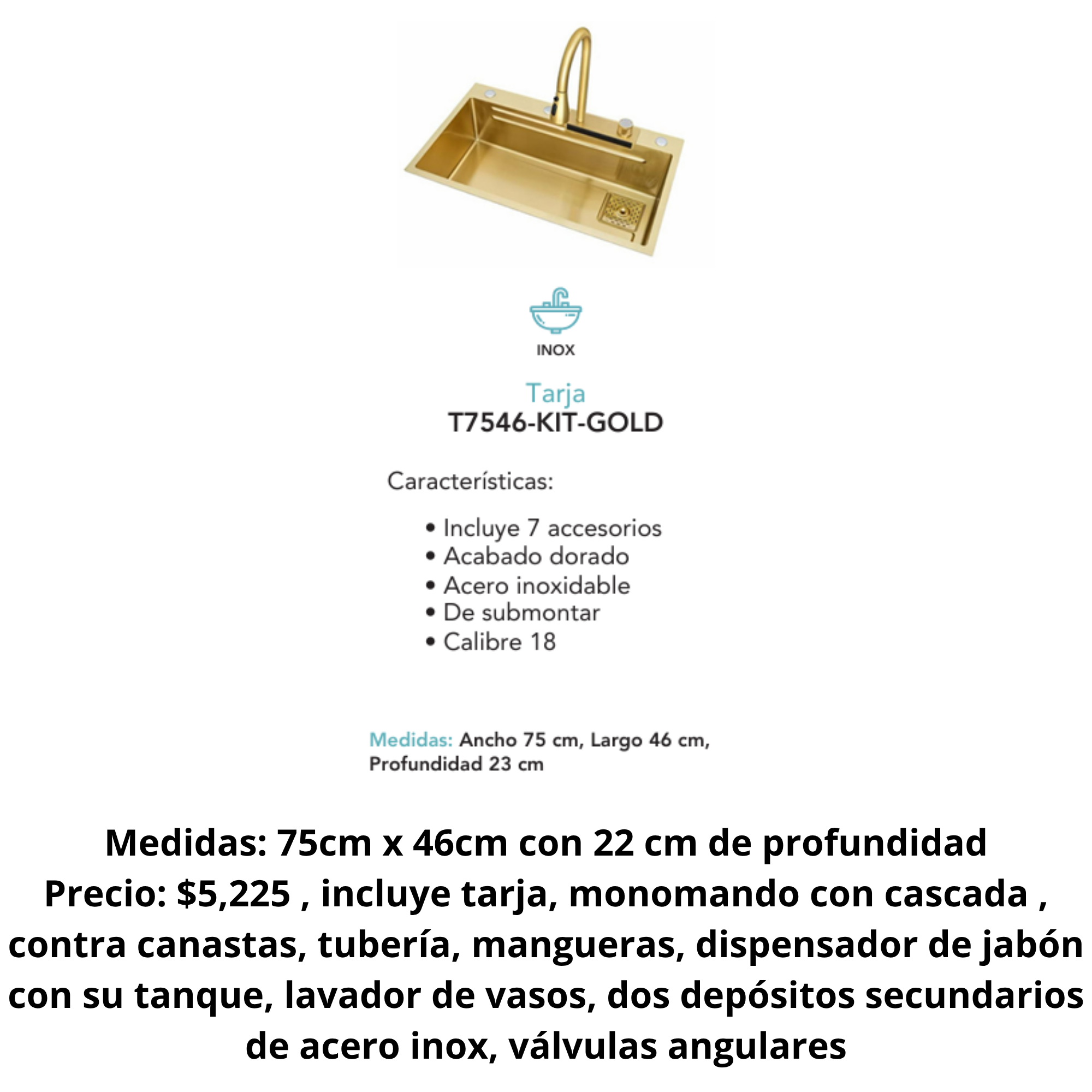 Fregadero Dorado de Acero Inoxidable 75cmx46cmx23cm + Accesorios de Instalación 3