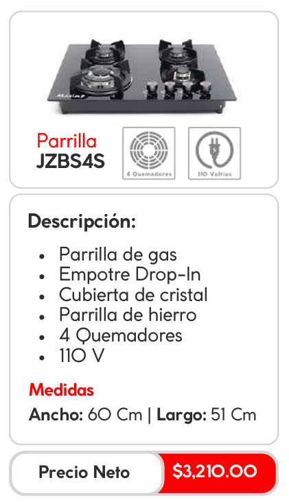Parrilla de Gas Empotrable JZBS4S, Cubierta de Cristal, 4 Quemadores, 60cm x 51cm 2