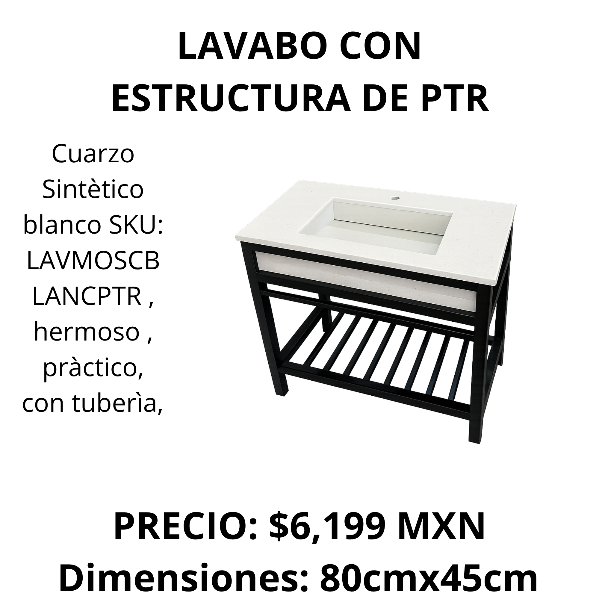 Lavabo Moderno con Estructura de PTR y Cubierta de Cuarzo Sintético Blanco 80cm x 45cm