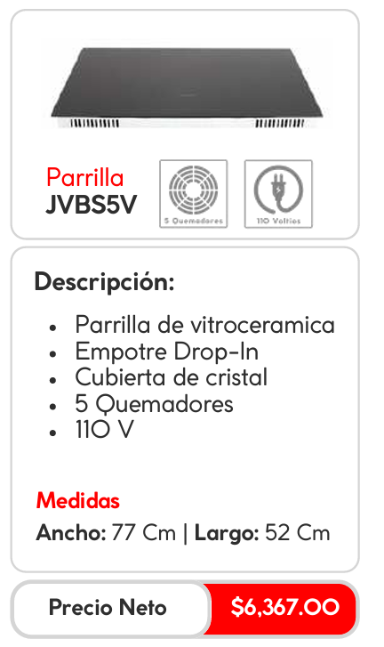Parrilla de Vitrocerámica JVBS5V Empotrable con 5 Quemadores - 77cmx52cm