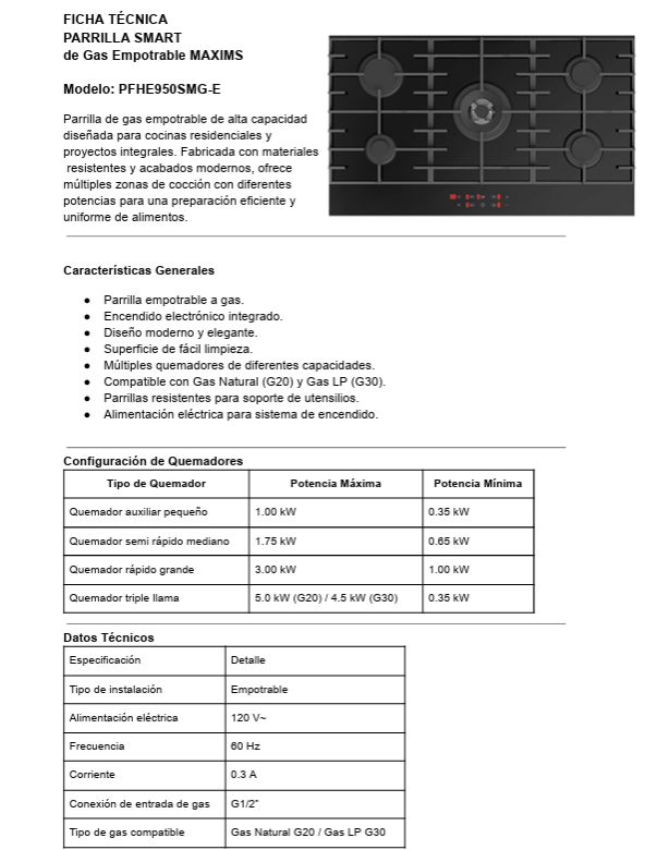 Parrilla de Gas Empotrable MAXIMS, Negro 1.0-4.5 kW 2