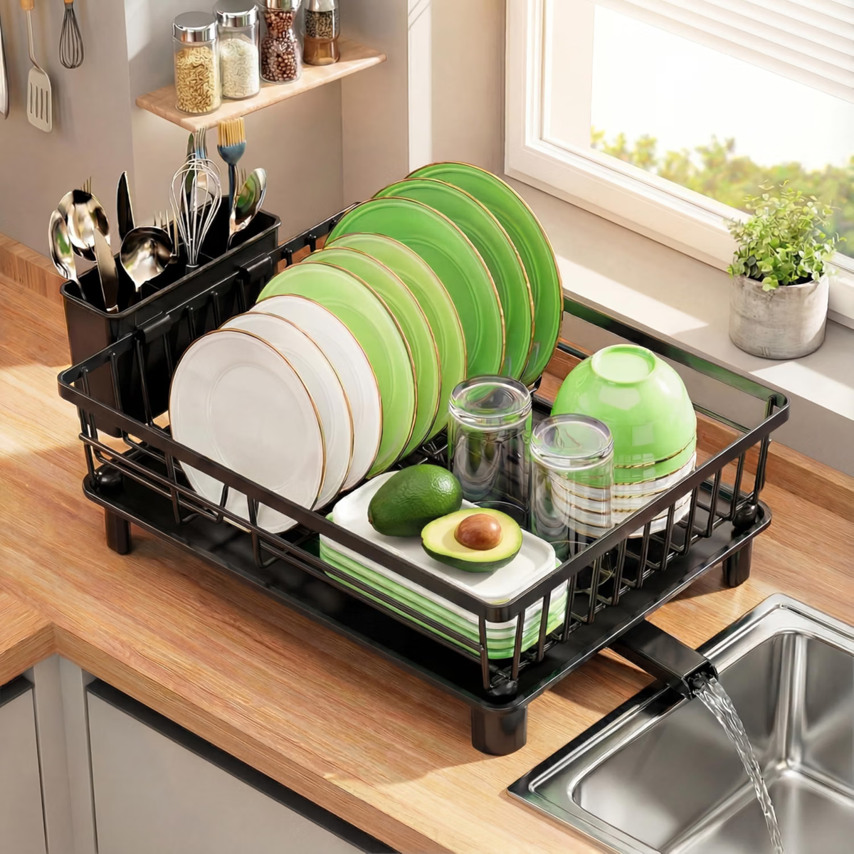 Escurridor de Platos Moderno y Compacto en Metal Negro con Capacidad para 10 Platos, 6 Cuencos, 4 Tazas y 12 Cubiertos