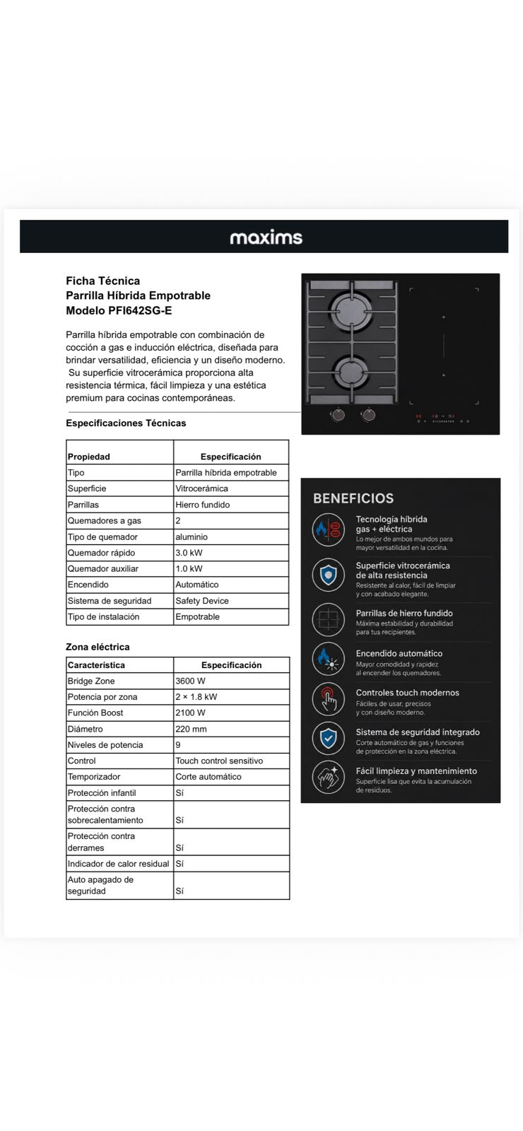 Parrilla Híbrida Empotrable Vitrocerámica con Quemadores de Aluminio Modelo PFI642SG-E Maxims