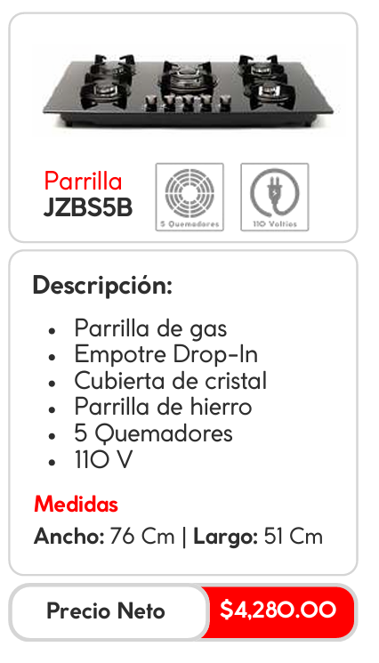 Parrilla de Gas Empotrable JZBS5B con Cubierta de Cristal, 76cm x 51cm 2