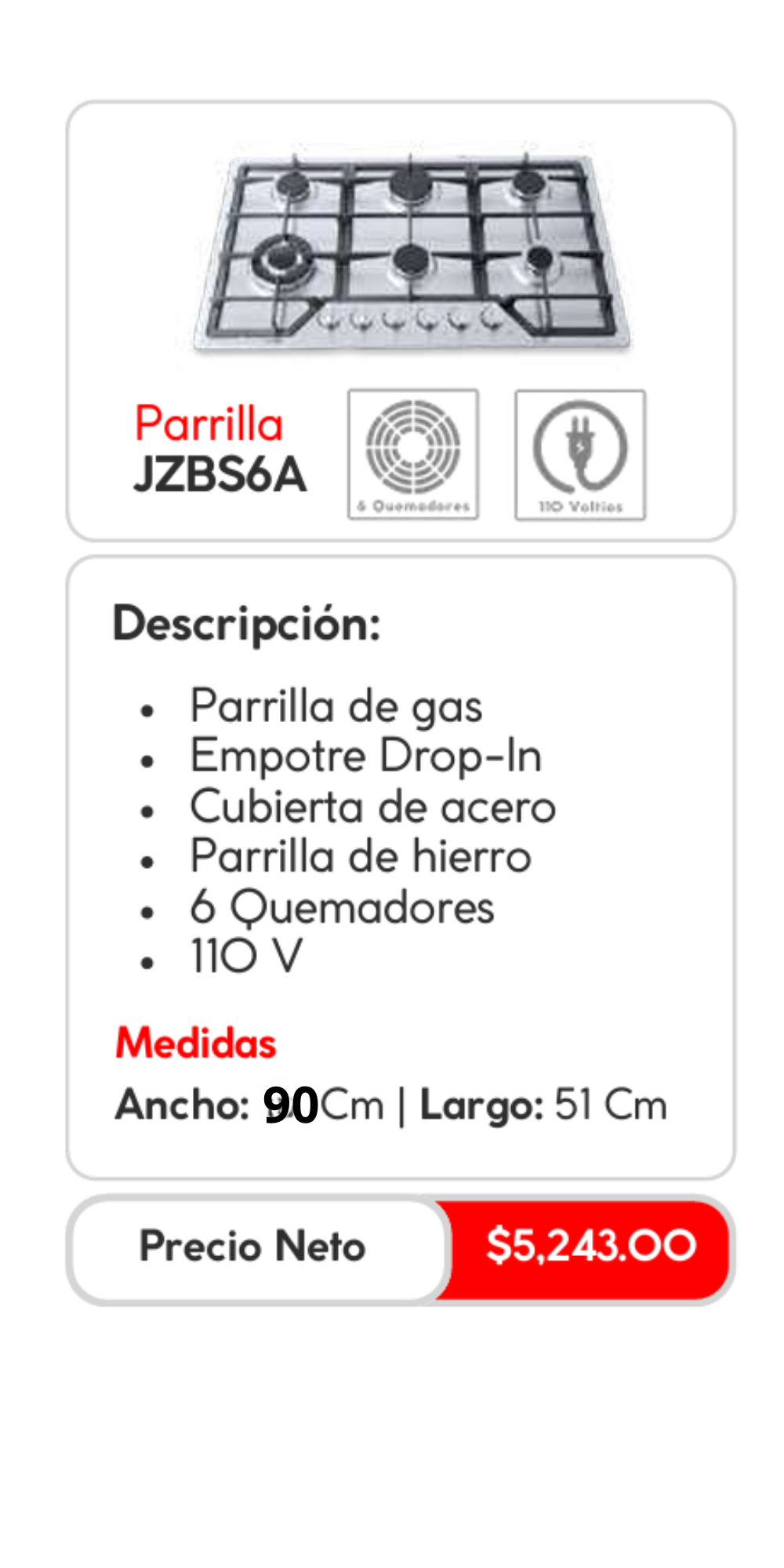 Parrilla de Gas JZBS6A Empotrable en Acero, 90cmx51cm con 6 Quemadores