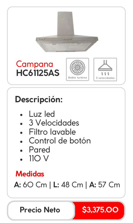 Campana Extractora HC61125AS Metálica 60cmx48cmx57cm con Luz LED y 3 Velocidades