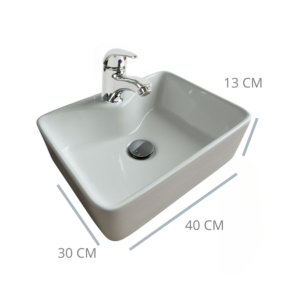 Kit Completo de Lavabo Cerámico con Mezcladora Cromada y Contra Canasta Pop Up