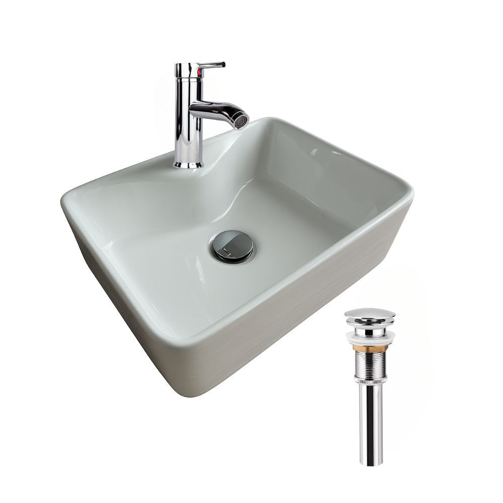 Kit Completo de Lavabo Cerámico con Mezcladora Monomando Cromada y Contra Canasta Pop Up