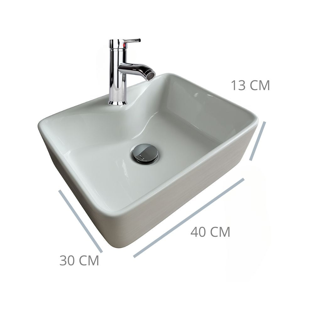 Kit Completo de Lavabo Cerámico con Mezcladora Monomando Cromada y Contra Canasta Pop Up